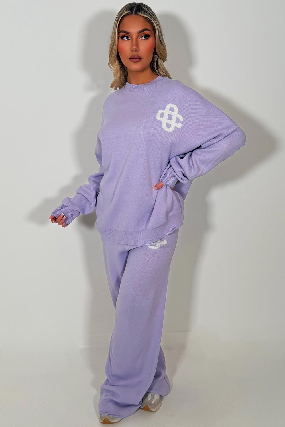 womens knitted loungewear set couture club contrast emblem co ord 