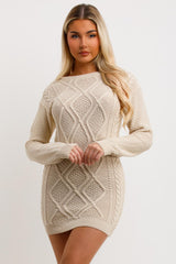 long sleeve cable knit jumper dress beige