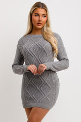 womens long sleeve grey cable knit jumper dress