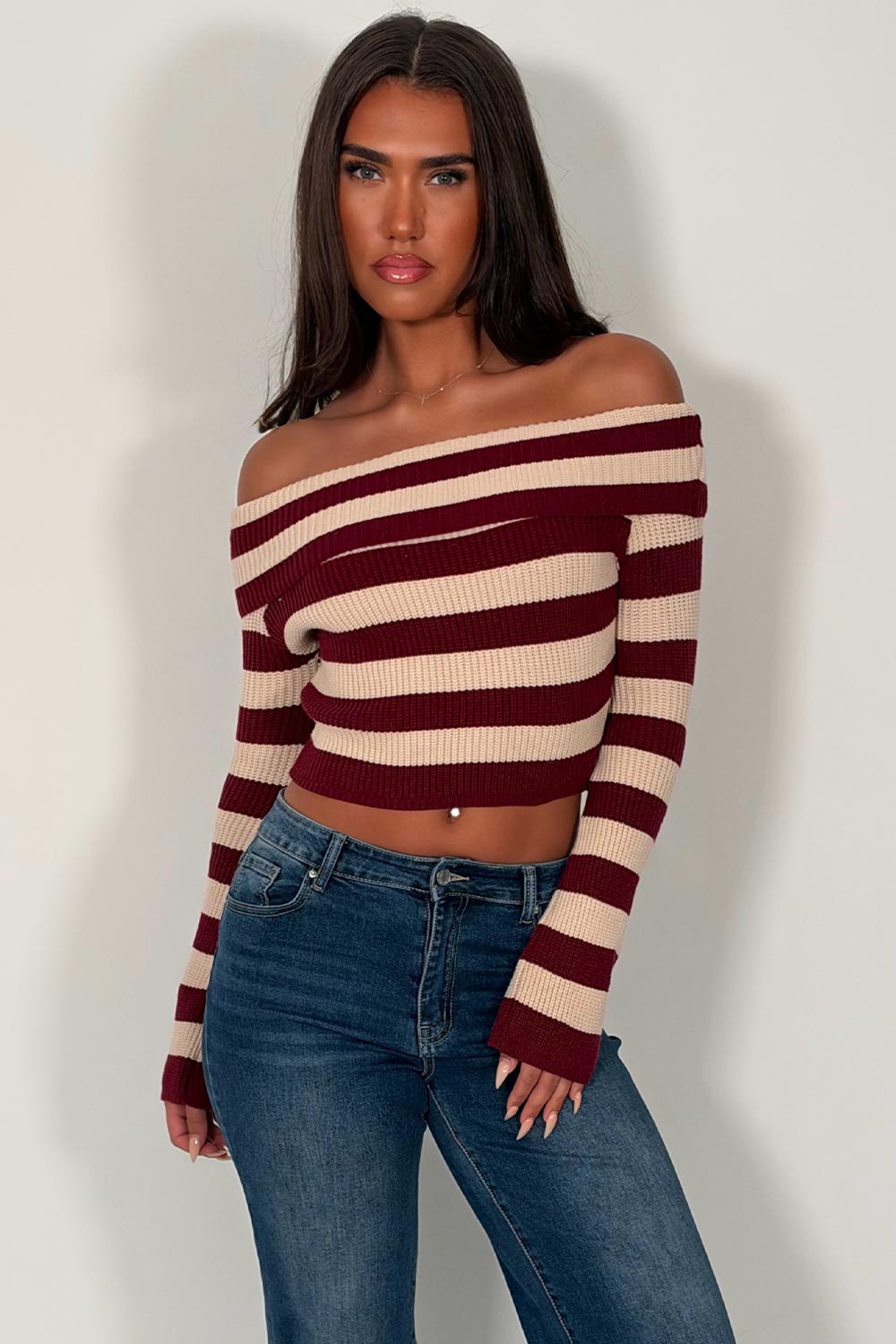 womens stradivarius off shoulder knitted jumper styledup uk