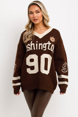 long sleeve knitted jumper with Washington slogan styledup
