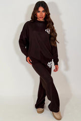womens knitted loungewear set couture club contrast emblem co ord 