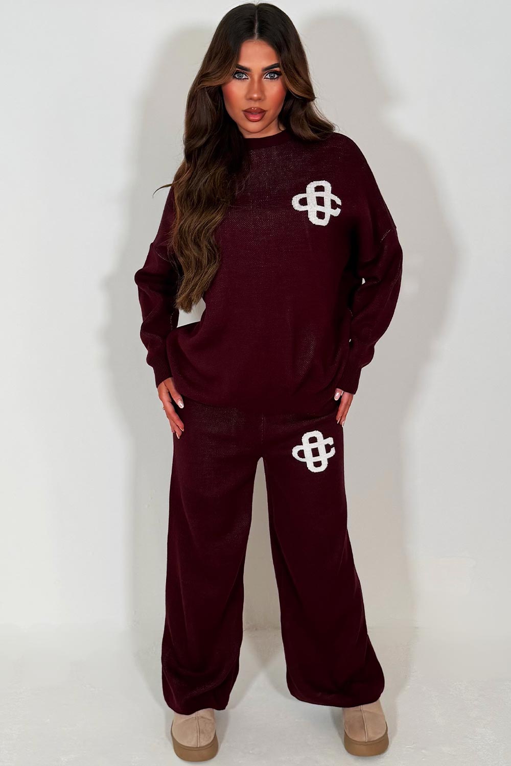 womens knitted loungewear set couture club contrast emblem co ord 
