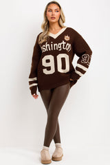 long sleeve v neck Washington slogan knitted jumper for womens 