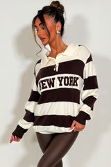 womens stripy jumper with New York slogan casual winter outfit styled up