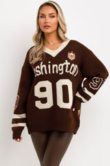 Washington slogan knitted jumper for womens premium quality long sleeves v neck