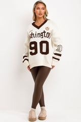Washington slogan knitted jumper for womens premium quality long sleeves v neck
