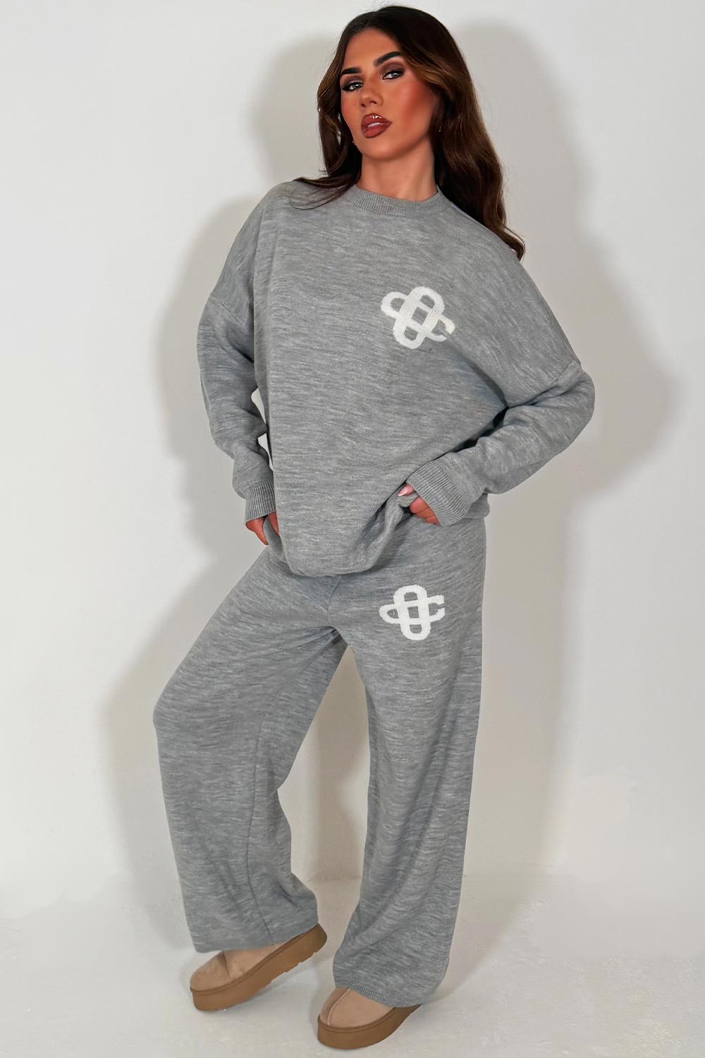 knitted sweatshirt and knitted trouser womens lounge set with contrast emblem couture club uk