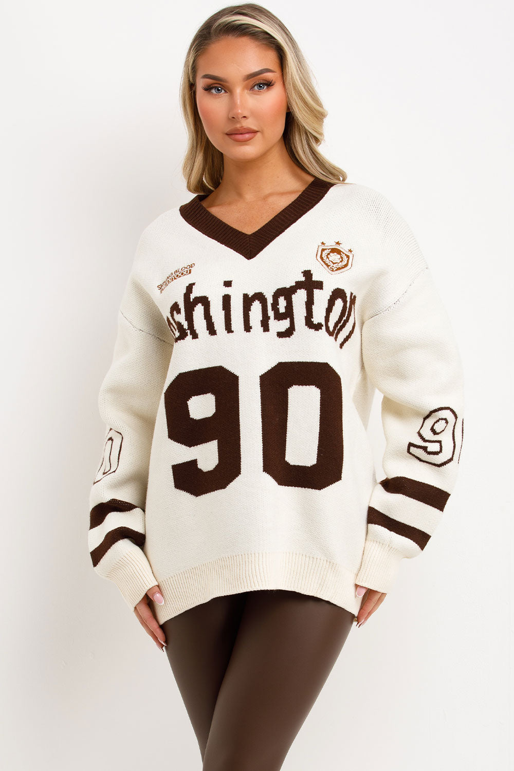 womens long sleeve oversized knitted jumper with Washington slogan premium quality knitwear top