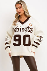 contrast v neck long sleeve knitted jumper with Washington slogan for womens