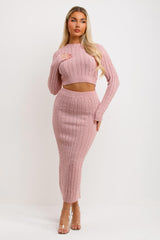 pink knit maxi skirt and top two piece set going out winter outfit