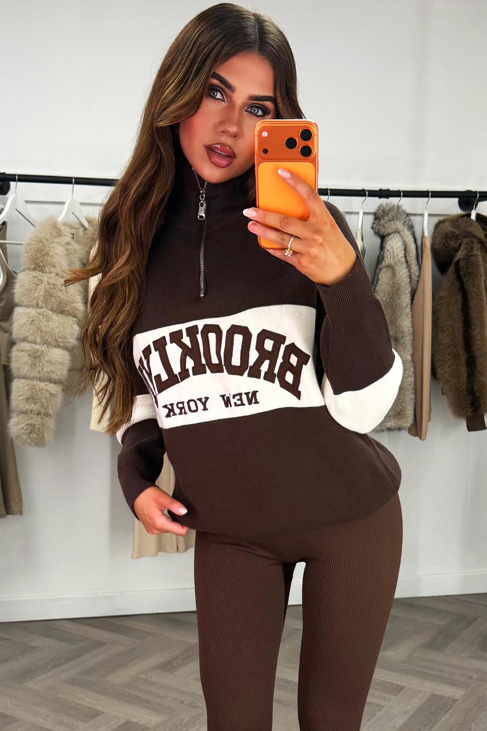 brooklyn slogan half zip knitted jumper brown