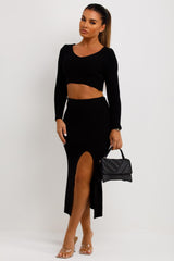 knitted split maxi skirt and long sleeve crop jumper set