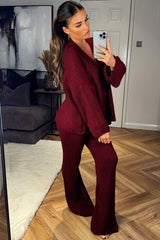 womens burgundy knitted cardigan and trousers two piece loungewear co ord set styledup