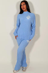 knitted sweatshirt and knitted trouser womens lounge set with contrast emblem couture club uk