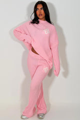 knitted sweatshirt and knitted trouser womens lounge set with contrast emblem couture club uk