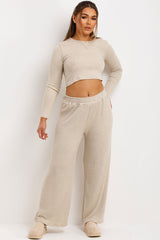 beige loungewear set with wide leg trousers and long sleeve ribbed top co ord set zara womens