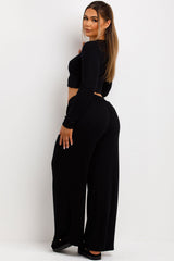 womens zara long sleeve top and wide leg trousers loungewear co ord set 