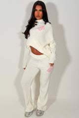 womens knitted loungewear set couture club contrast emblem co ord 