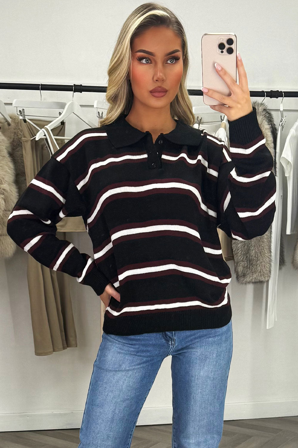 womens long sleeve oversized rugby polo top with contrast stripes styledup