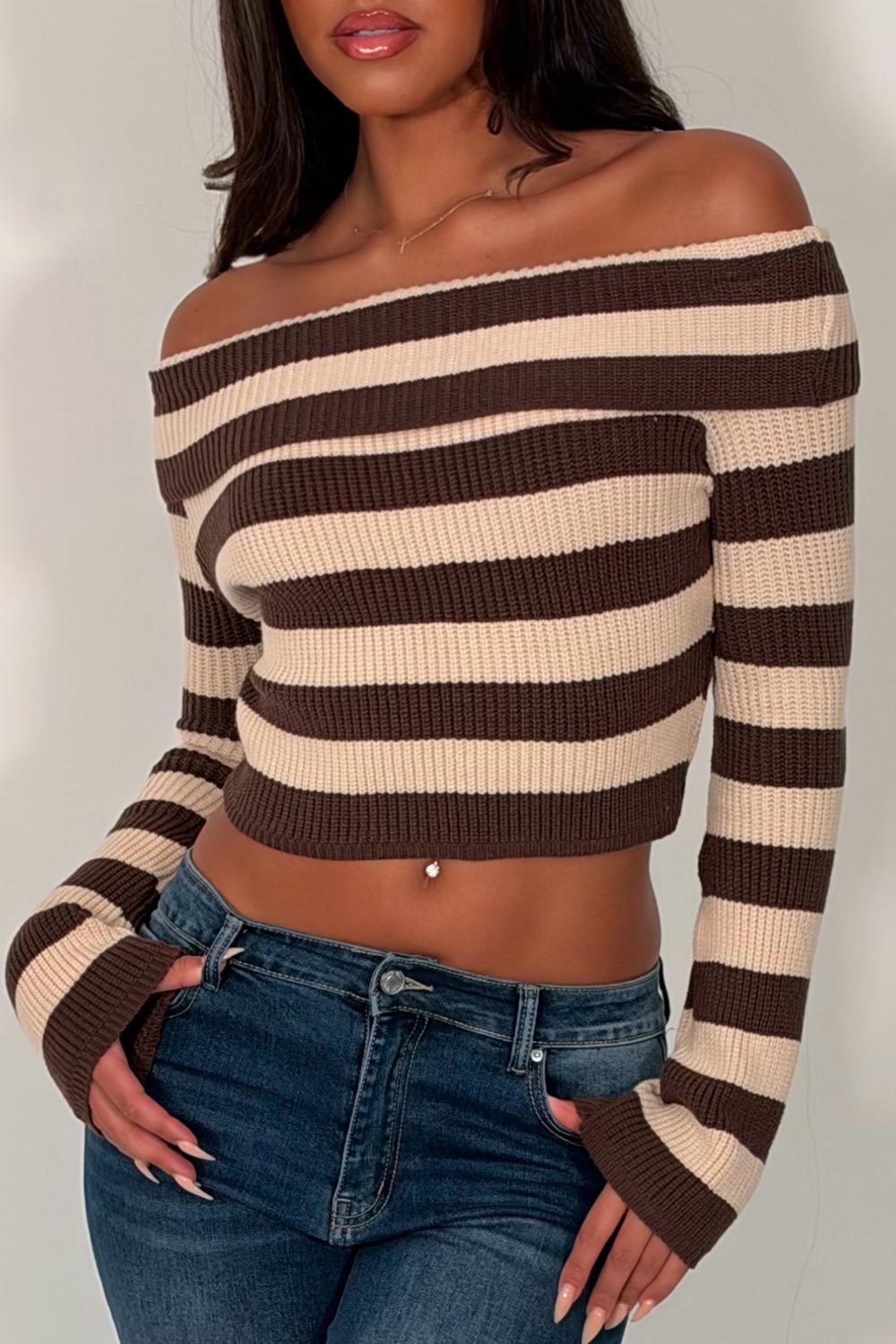 knitted off shoulder crop jumper styledup uk