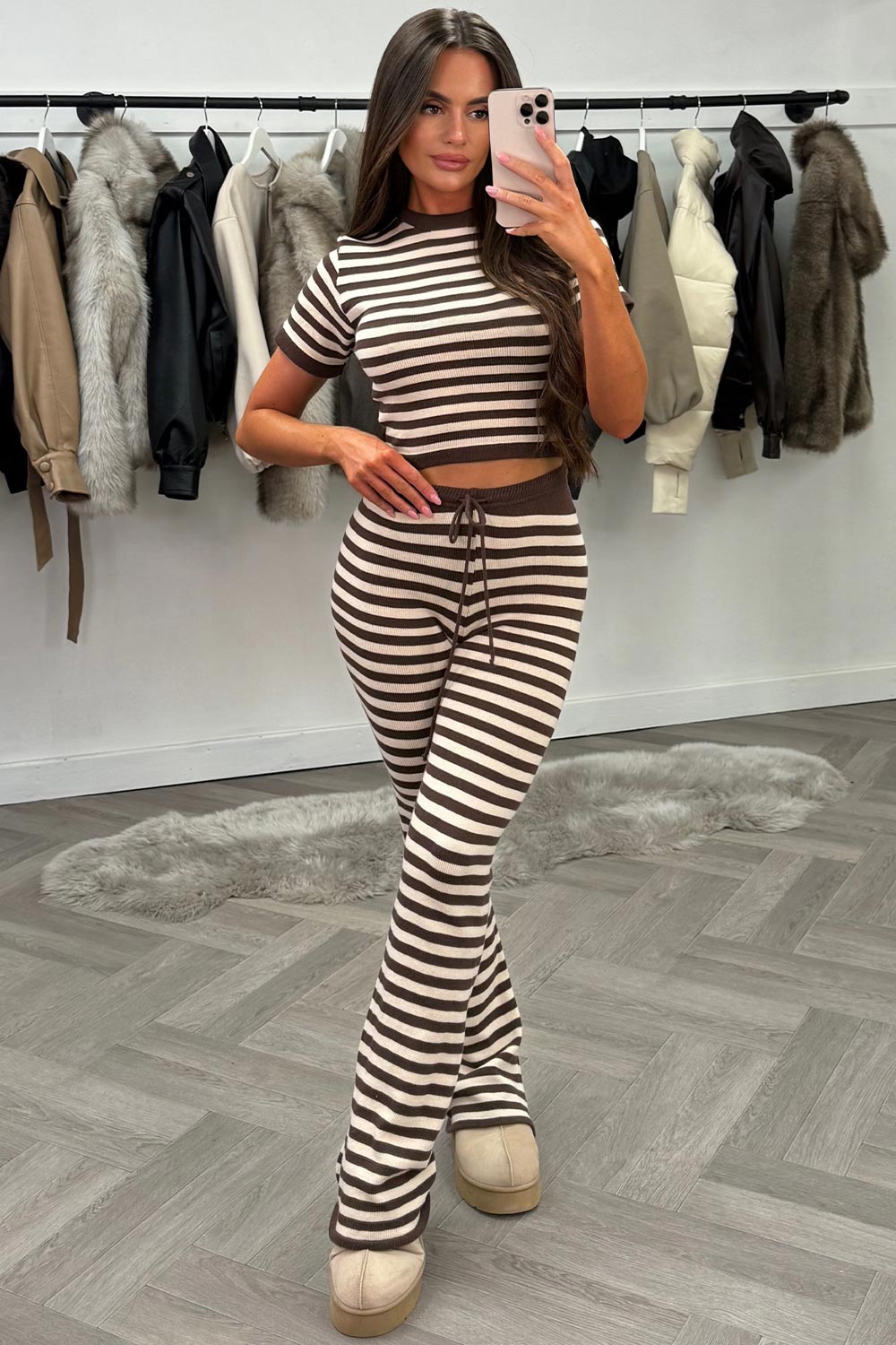 brown striped knitted loungewear co ord set casual every day outfit for womens uk