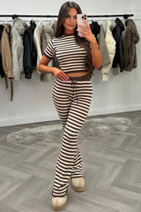 brown striped knitted loungewear co ord set casual every day outfit for womens uk