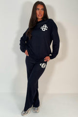 womens knitted loungewear set couture club contrast emblem co ord 