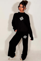 knitted sweatshirt and knitted trouser womens lounge set with contrast emblem couture club uk
