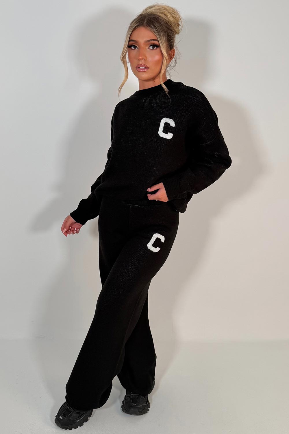 womens knitted loungewear set couture club contrast emblem co ord 
