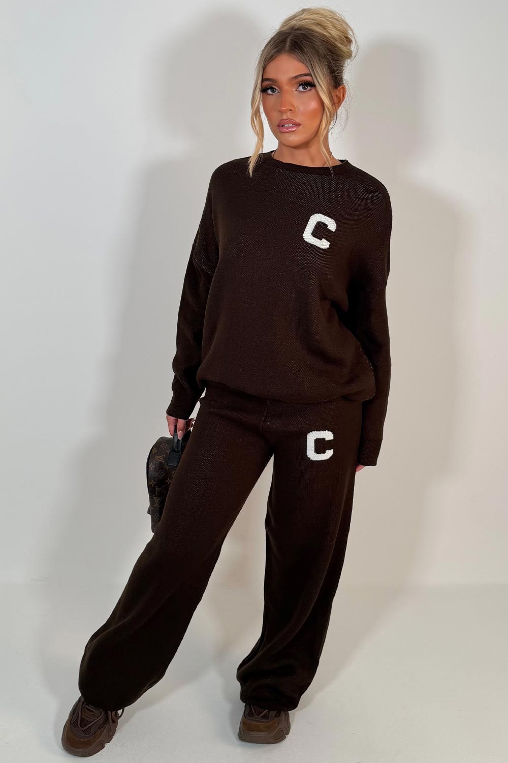 knitted sweatshirt and knitted trouser womens lounge set with contrast c slogan couture club uk