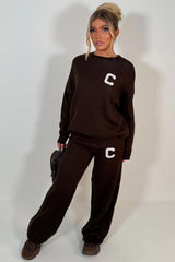 knitted sweatshirt and knitted trouser womens lounge set with contrast c slogan couture club uk