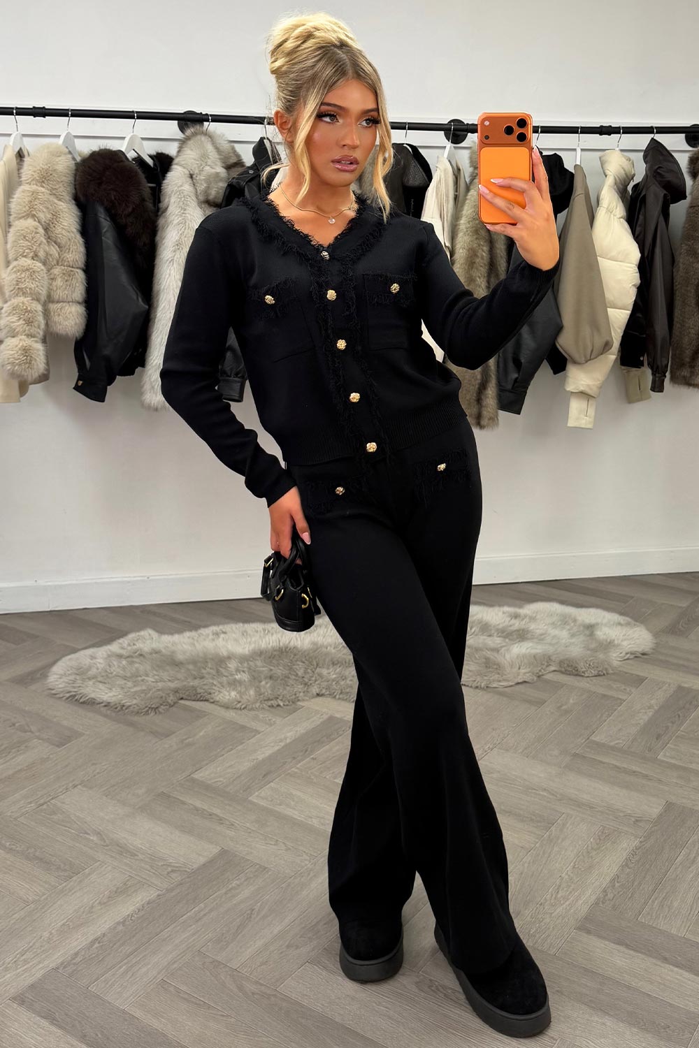 gold button knitted  jumper top and trousers two piece set styledup