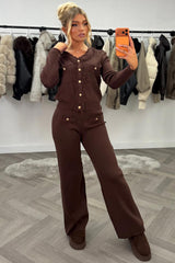 womens knitted wide leg trousers and jumper top with gold button detail night out Christmas party occasion outfit for winter uk