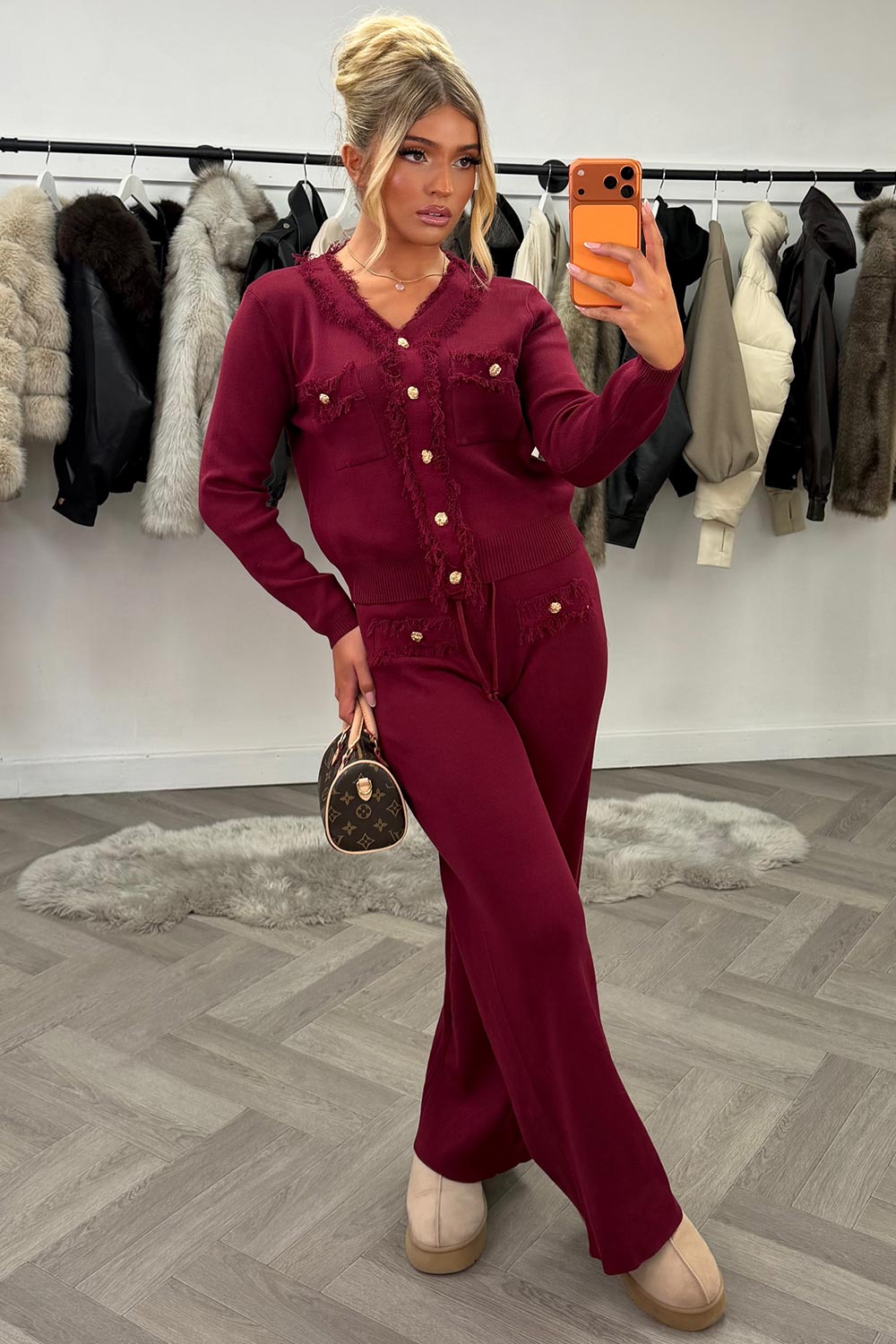 gold button knitted jumper and trousers two piece set womens night out christmas party outfit uk