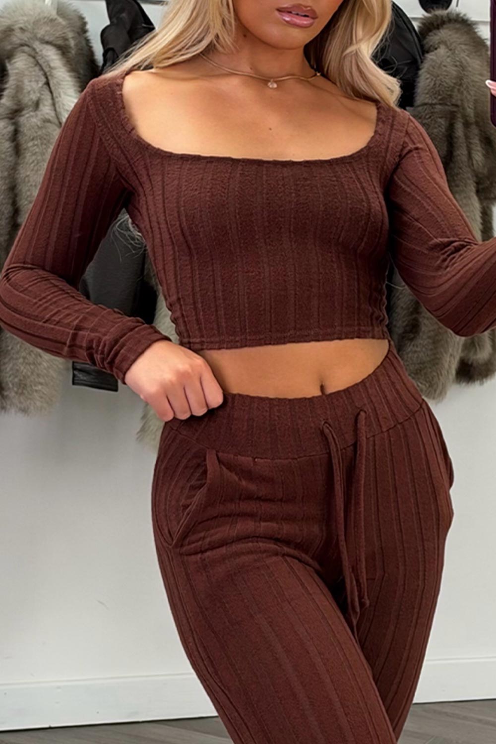 womens ribbed long sleeve crop top and wide leg loungewear co ord set styledup uk