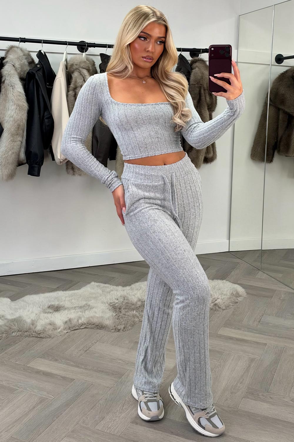 womens long sleeve crop top and skinny flare leg high waist trousers two piece loungewear co ord set grey styledup uk