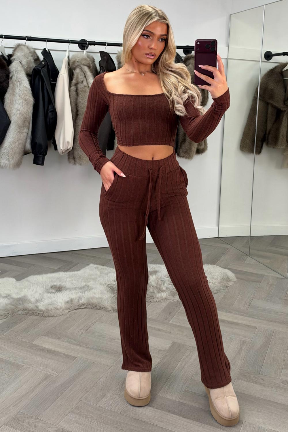 zara womens ribbed lounge set brown uk styledup