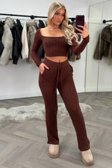 zara womens ribbed lounge set brown uk styledup