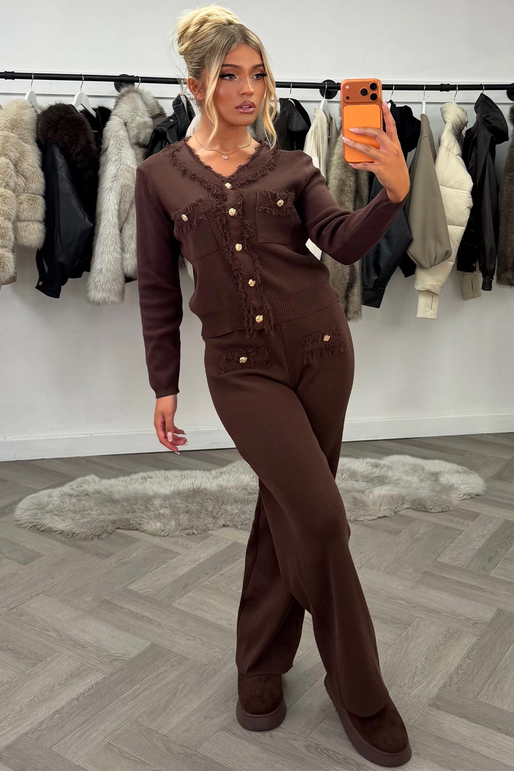gold button knitted  jumper top and trousers two piece set styledup