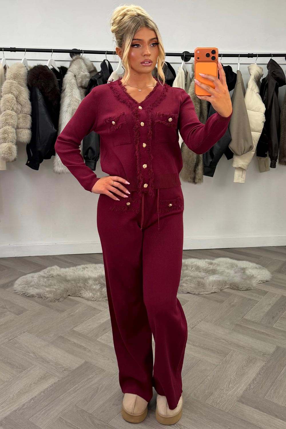 gold button knitted  jumper top and trousers two piece set styledup