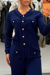 gold button knitted jumper top and trousers two piece co ord set occasion christmas party holiday outfit for winter uk
