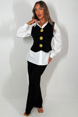 knitted jumper with gold buttons shirt and trousers three piece going out occasion day to night winter christmas party outfit 