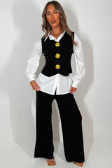 womens knitted trousers jumper with gold buttons and shirt three piece matching outfit set occasion christmas day outfit styledup