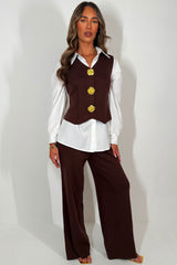 womens knitted trousers jumper with gold buttons and shirt three piece matching outfit set occasion christmas day outfit styledup