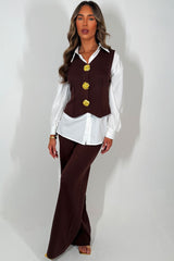 womens knited vest with gold buttons shirt and trouser 3 piece set going out day to night christmas day outfit styledup