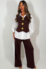 gold button knitted waistcoat shirt and trouser three piece co ord set christmas party outfit styledup