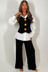 knitted gold button jumper shirt and trouser three piece outfit set