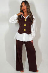 knitted jumper with gold buttons shirt and trousers three piece going out occasion day to night winter christmas party outfit 