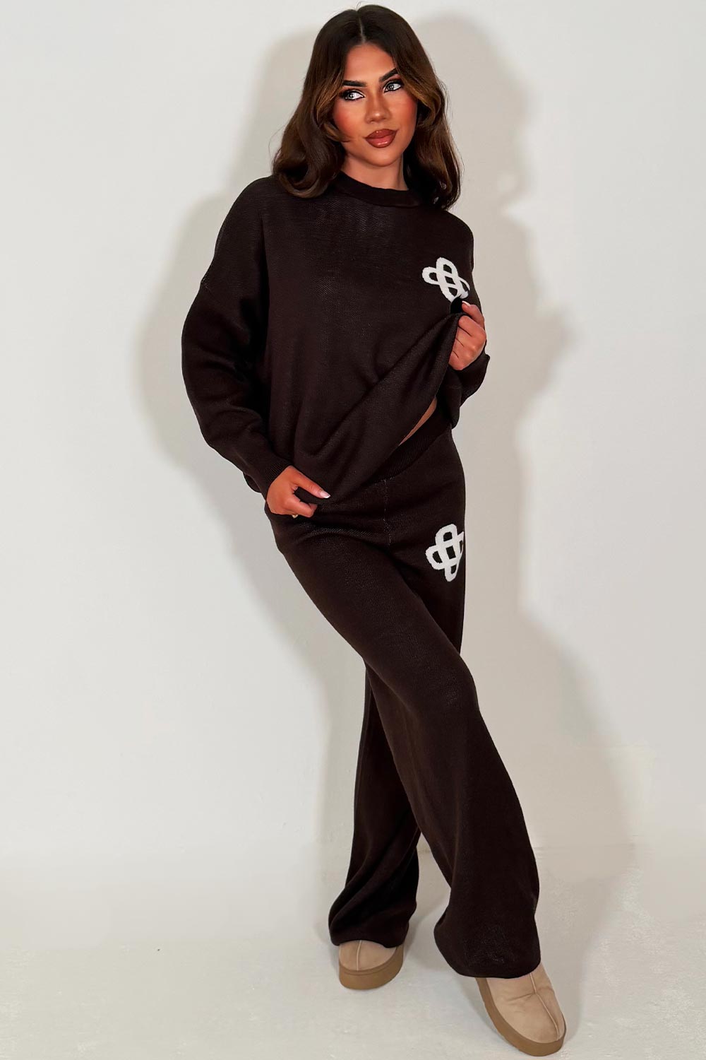 knitted sweatshirt and knitted trouser womens lounge set with contrast emblem couture club uk